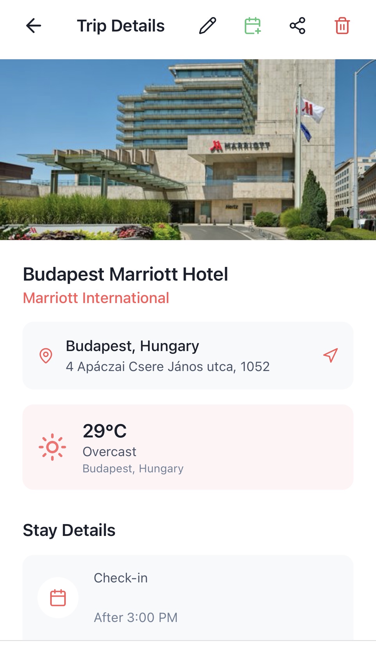 Stay details showing hotel address, weather and check-in information