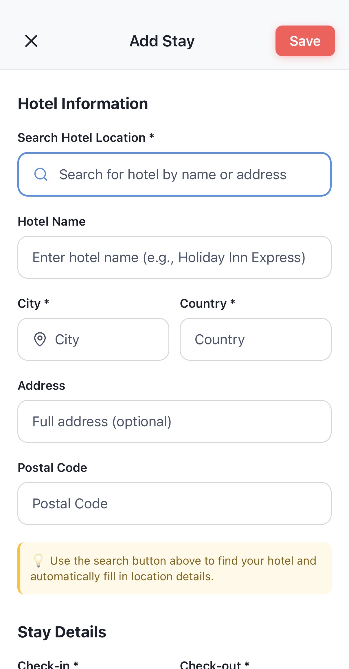Stayzee Add Stay screen with hotel search and booking fields