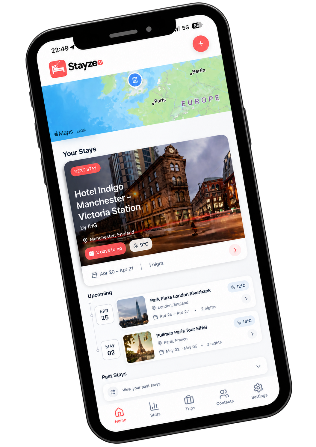 Stayzee app showing upcoming hotel stays on a phone