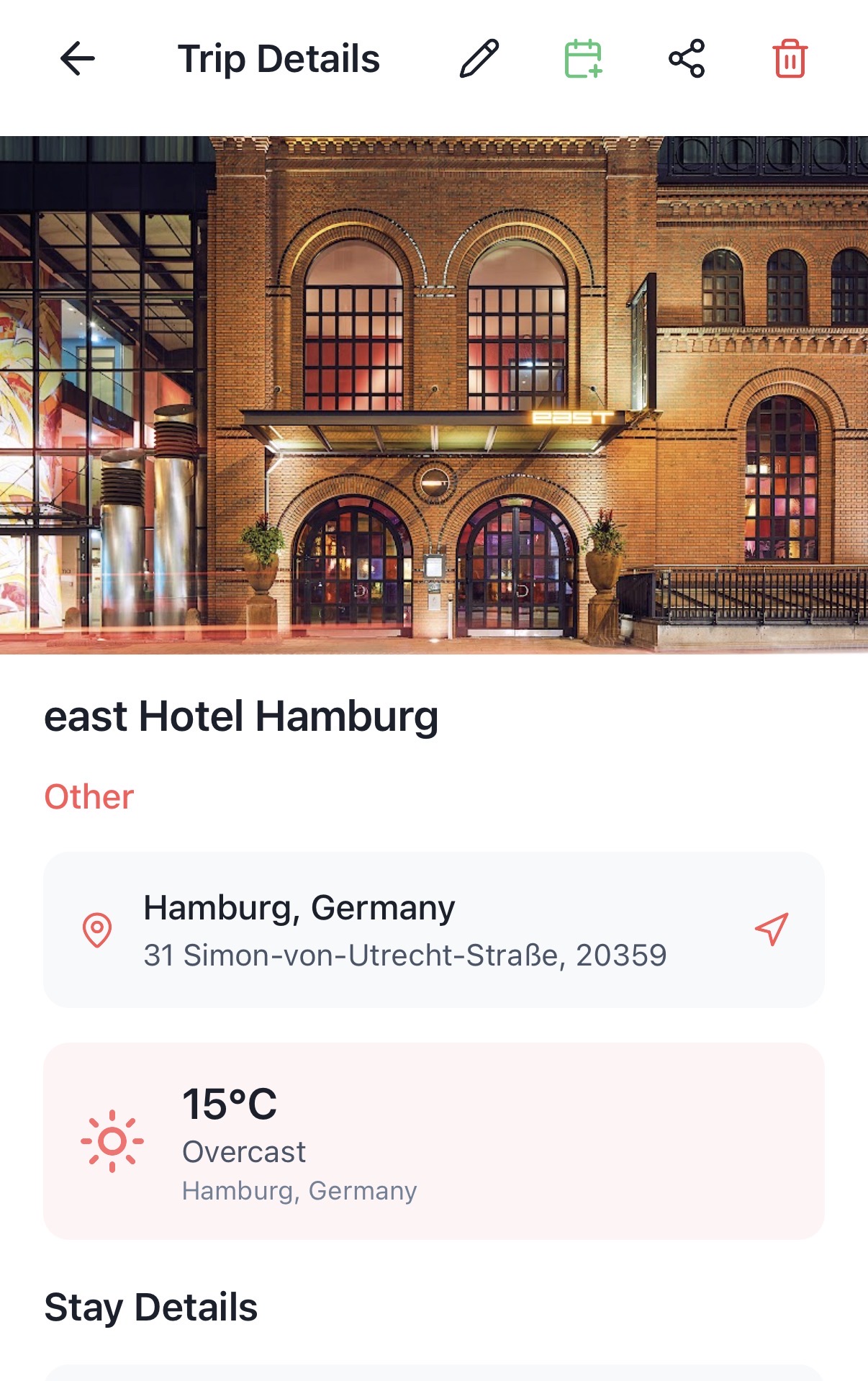 Stayzee trip details showing an example hotel, its address and local weather