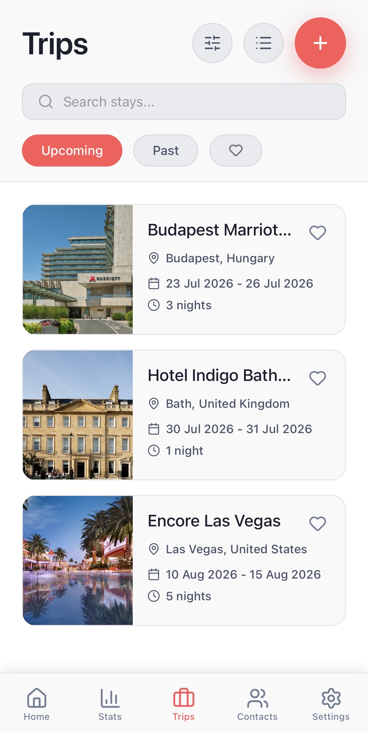 Trips screen showing upcoming hotel stays